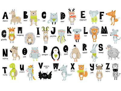 Vector alphabet with animals alphabet animal animals baby character children design flat fun icon illustration kid shower style type typography vector zoo