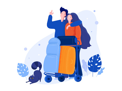 Travelling couple cat character couple flat illustration journey luggage travel travel app travelling vector