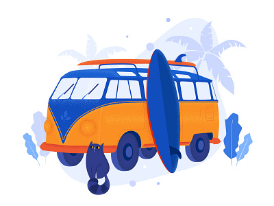 Travel van app cat flat illustration journey set summer surf surfing tour travel travelling trip vacation van vector