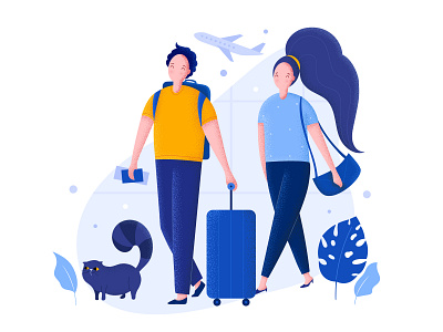Couple at the airport airport cat character couple family flat illustration journey luggage man passengers plane travel trip vacation vector woman