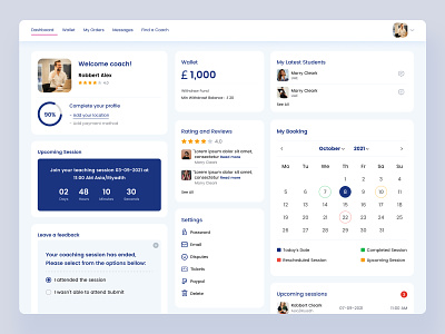 Dashboard | Find a coach concept | hireviser back end booking coach coaching dashboard feedback find find coach home page learner profile rating responsive session setting student upcoming wallet web app welcome