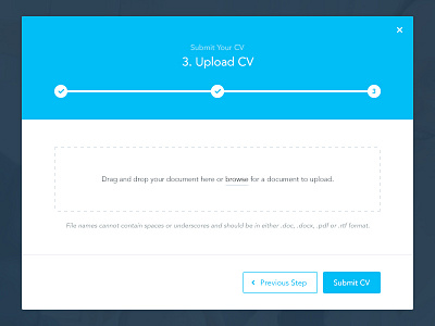 Submit CV Modal blue clean cv drag drag and drop drop flat minimal modal step upload white