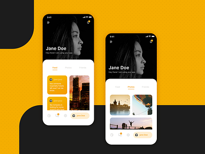 Social App iOS13 dark ui feed friends ios13 light minimal minimalist mobile app design mobile ui photos profile settings social