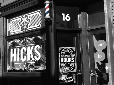 Hicks' Barbershop – Full barber barbershop branding dayton logo ohio razor scissors sing singage storefront window
