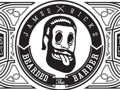 James Hicks BC 1 color badge barber beard business card filigree greaser logo pinstriping scissors