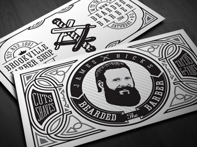 James Hicks BC - Update business card barber beard logo identity illustration filigree pinstriping straight razor barber pole 1 color