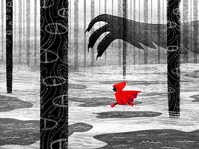 Red Riding Hood blackandwhite eyes fairytale fear giant photoshop red redridinghood run texture trees wolf