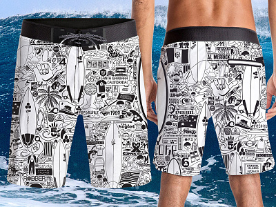 Channel Islands Surfboards Iconoflage White Shorts and black drawn hand logo pattern shirt surf surfing white