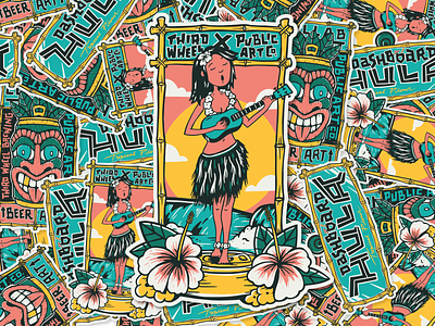 Dashboard Hula - Hula Girl Sticker bamboo beer beer can branding cartoon design flowers handlettering hawaii hula hula girl illustration lei ocean palm trees surf tiki tropical