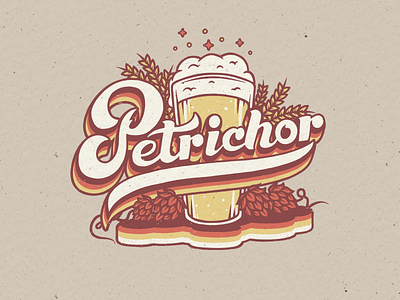 Petrichor Retro 70s beer beer art beer branding design handlettering hops illustraion lettering script script lettering vector wheat