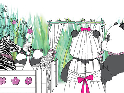 "Love, Daddy" children's book page detail bamboo bows childrens book fatherhood illustration line art panda pen and ink pink watercolor wedding zebra
