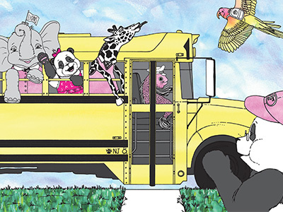 "Love, Daddy" children's book page detail childrens book elephant fatherhood first day of school giraffe line art panda pen and ink school bus watercolor