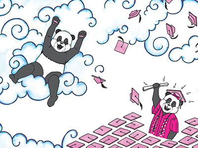 "Love, Daddy" children's book page detail celebration childrens book clouds fatherhood graduation line art panda pen and ink pink watercolor