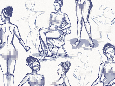 Censored Life Drawing Postcard Series blue brush pen life drawing live model marker nude paper pencil pink sketch sketchbook woman