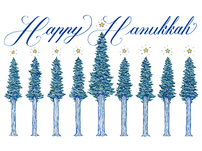 Hanukkah Greeting for The Redwoods Group blue calligraphy copperplate hanukkah holiday illustration ink menorah redwoods star trees watercolor