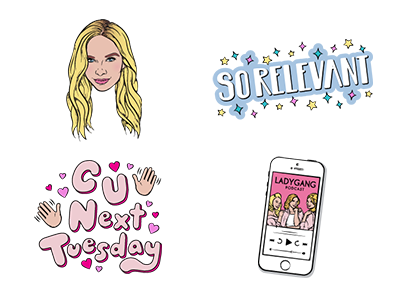 LadyGang Digital Sticker Pack digital emoji feminine hand lettering icons illustration ios 10 line art phone portrait sticker vector