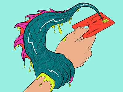 Thrillist Editorial Illustration arm banking creature credit card digital editorial illustration monster scales slime vector