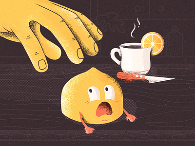Lemon Escape cartoon character cup fear hand illustration knife noise photoshop retro tea texture
