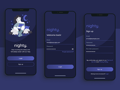 Nighty - Login / Sign-up 3d animation app branding design graphic design illustration logo motion graphics typography ui ux vector