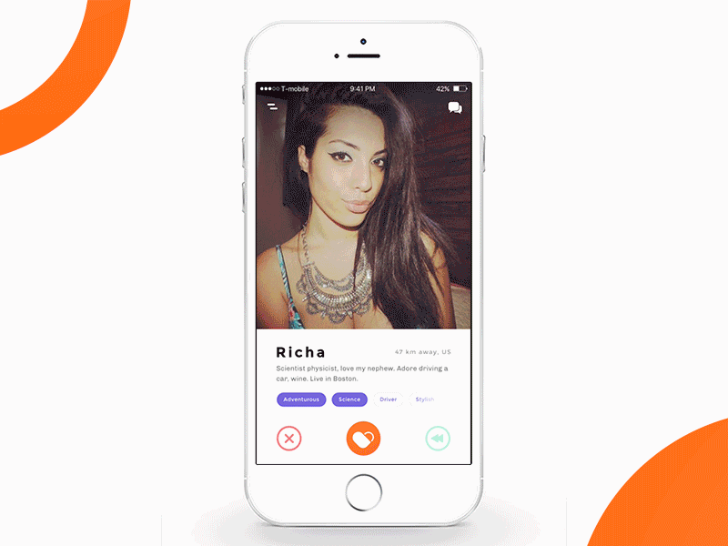 Dating app animation dating app love orange photo profile tags ui ux violet white