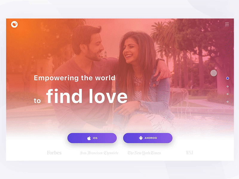 A landing page website for a dating app android animation app dating gif ios landing motion nimation ui ux web
