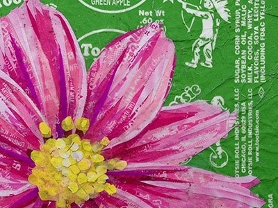 Spring Glory collage pink flower pop art recycled recycled material snapple starburst tootsie pop upcycled
