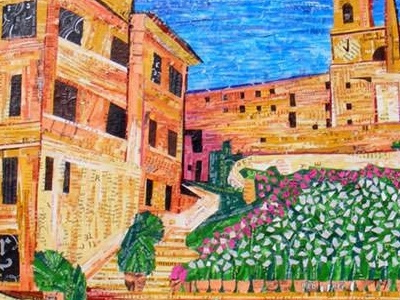The Spanish Steps building collage pop art recycled recycled material snapple spanish steps starburst tea wrappers tootsie pop upcycled