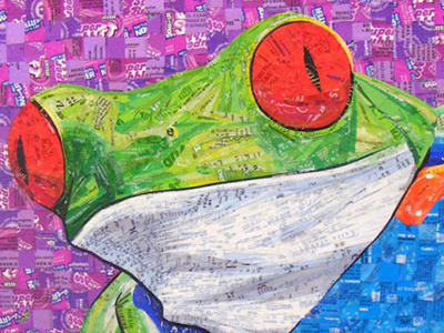 Tree Frog – Created with Recycled Material collage frog pop art reclaim recycled art recycled material red reuse tree frog upcycle