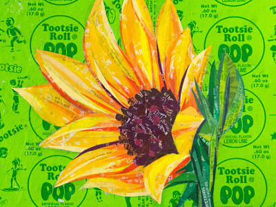 August Heat collage flower mosaic pop art reclaim recycled recycled art reuse tootsie pop wrappers upcycle upcycled yellow flower