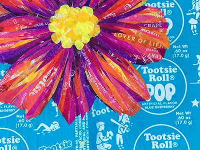 Lover of Life #2 collage flower mosaic orange flower pop art reclaim recycled recycled art reuse tootsie pop wrappers upcycle upcycled