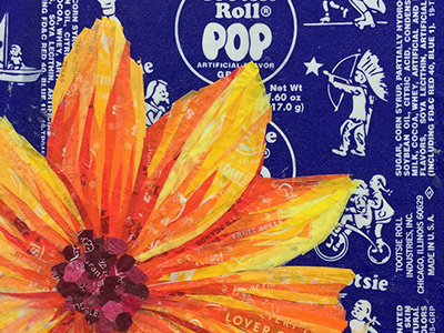 Lover of Life #1 collage flower mosaic orange flower pop art reclaim recycled recycled art reuse tootsie pop wrappers upcycle upcycled