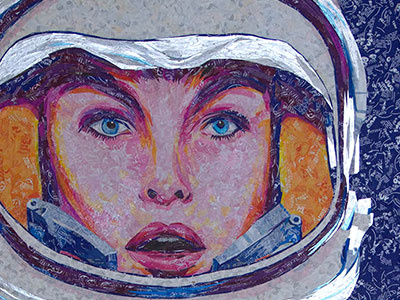 Celeste – Created with 100% Recycled Candy Wrappers candy wrappers celestrial collage earth day fine art mosaic outer space recycled richard avedon space spacesuit woman