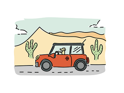 Your Uber Driver cactus car desert dog illustration line art mini cooper puppy texas vector