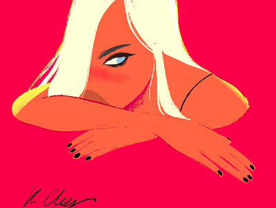 Loneliest blonde character digital girl illustration red