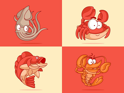 Seafood cartoon crab cute design fish icon illustration logo seafood shrimp squid