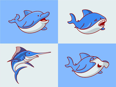 Sea Animals animals cartoon cute dolphin illustration logo sea shark simple design underwater vector