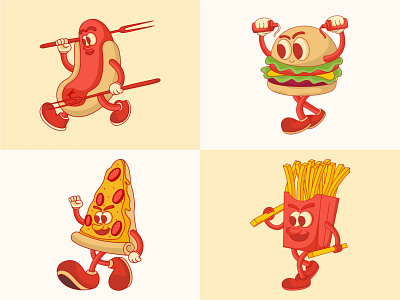 Fast Food Mascot burger cartoon cute fast food french fries hotdog illustration logo mascot logo pizza vector