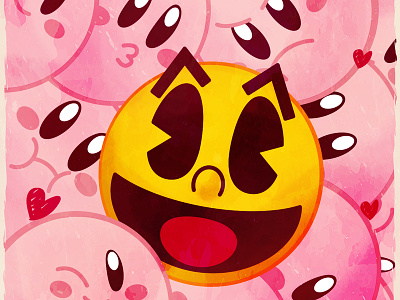Pacman Y Kirbys San Valentin arcade classic cute design digital art fanart illustration infografia kirby nintendo pacman retro super mario vector vector artwork