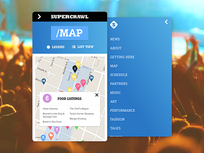 Mobile Website Menu concert map menu mobile pins supercrawl website