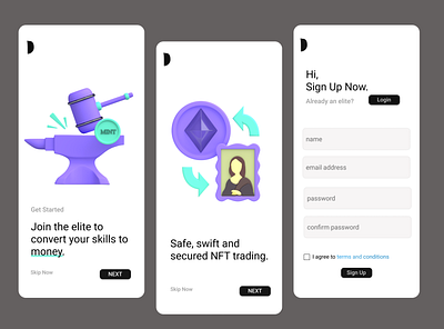 Sign up page for a imaginative NFT trading app app design ui ux