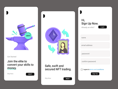 Sign up page for a imaginative NFT trading app