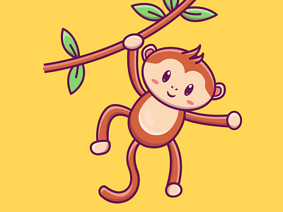 Cute cartoon monkey on a branch in vector illustration