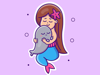 Cute cartoon little mermaid with seal