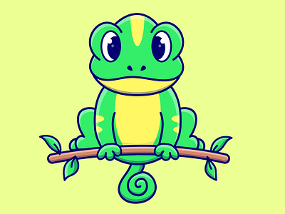 Cute cartoon chameleon on a branch