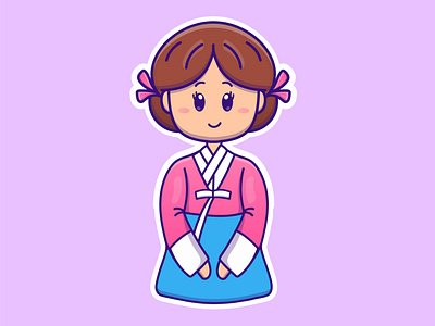 Cute cartoon girl in kimono in vector illustration