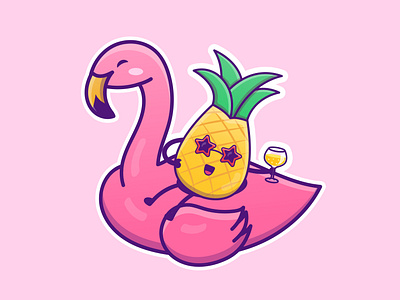 Cute cartoon inflatable flamingo with pineapple in vector