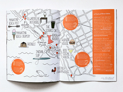 A Trail Of Three Cities - Local Finds SoCal Map color editorial handlettering illustration layout lettering magazine magazinedesign map print publication typography