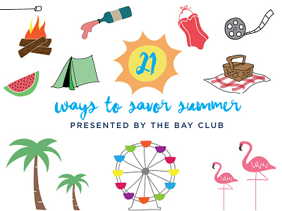 21 Ways To Savor Summer blog camp flamingos iconography icons illustration infographic lettering picnic social media summer swim