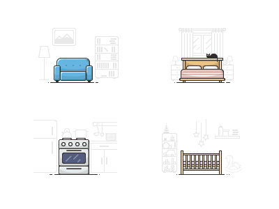 Rooms bedroom icons interior kitchen nursery room