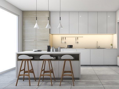 3D White and  Modern Kitchen Interior